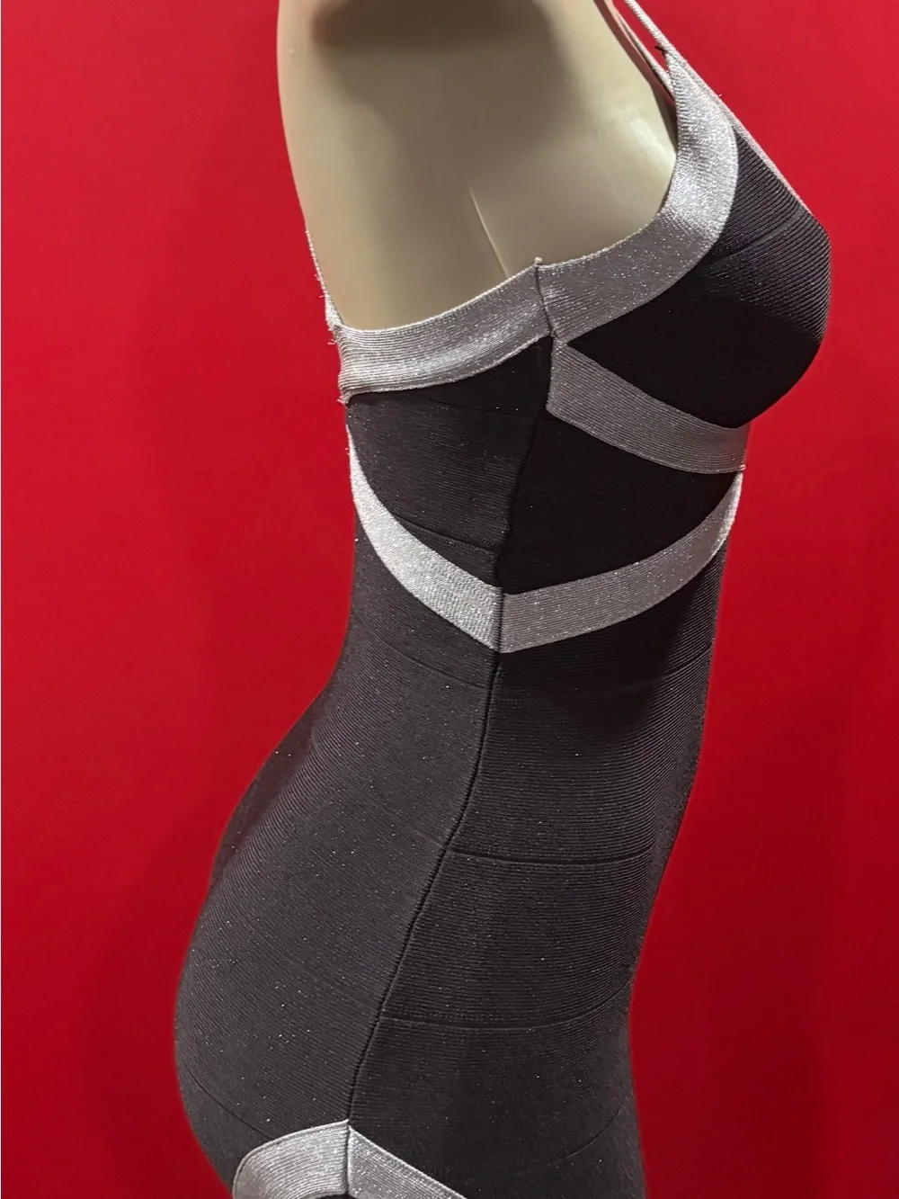 bebe Silver and Black Metallic Strap Detail Dress